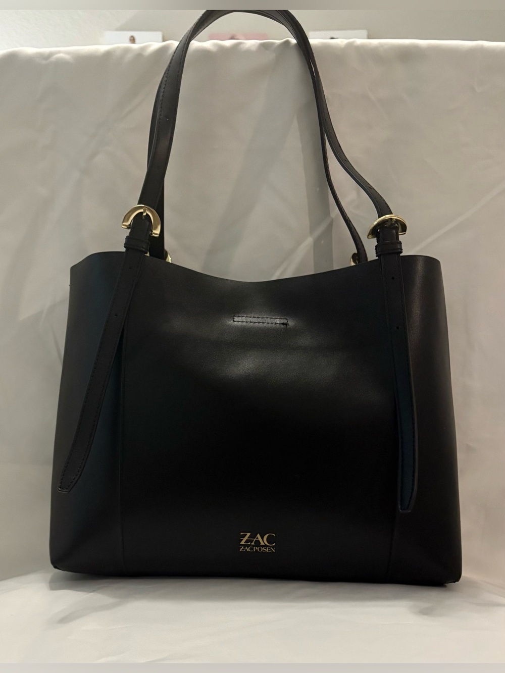 Zac Zac Posen Black Leather Tote Bag has 2 handle straps both are adjustable